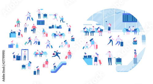 People sitting and walking in airport terminal. Infographics elements  banner or poster design arranged in circle shape. Business travel concept  travelling  vactaion. Flat vector illustration.
