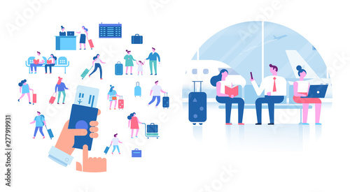 People sitting and walking in airport terminal. Infographics elements, banner or poster design arranged in circle shape. Business travel concept, travelling, vactaion. Flat vector illustration.