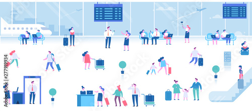 People sitting and walking in airport terminal. Infographics elements, banner or poster design arranged in circle shape. Business travel concept, travelling, vactaion. Flat vector illustration.