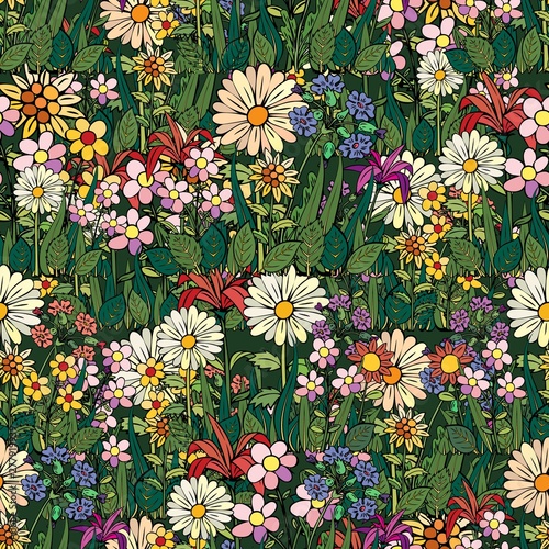 Abstract pattern of floral rows. Flowers and grass