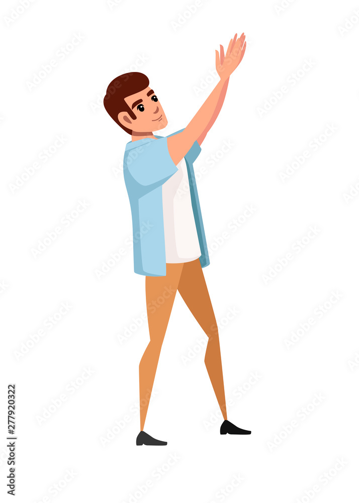 Man wearing casual clothes with upraised hands claps cartoon character design flat vector illustration isolated on white background Man wearing casual clothes with upraised hands claps cartoon character design flat vector illustration isolated on white background