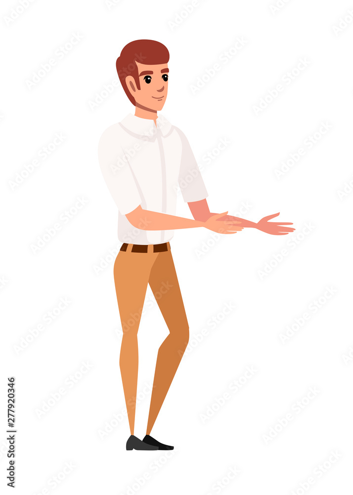 Fototapeta premium Happy man in casual clothes with up raised arms hands pointing cartoon character design flat vector illustration isolated on white background