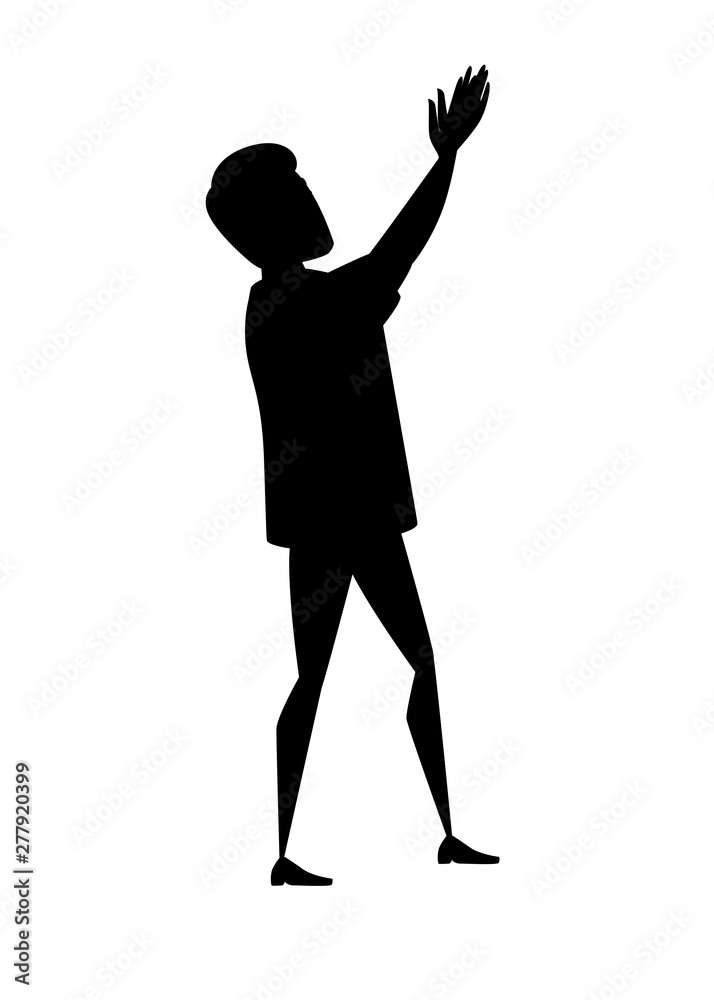 Black silhouette man wearing casual clothes with upraised hands claps cartoon character design flat vector illustration isolated on white background