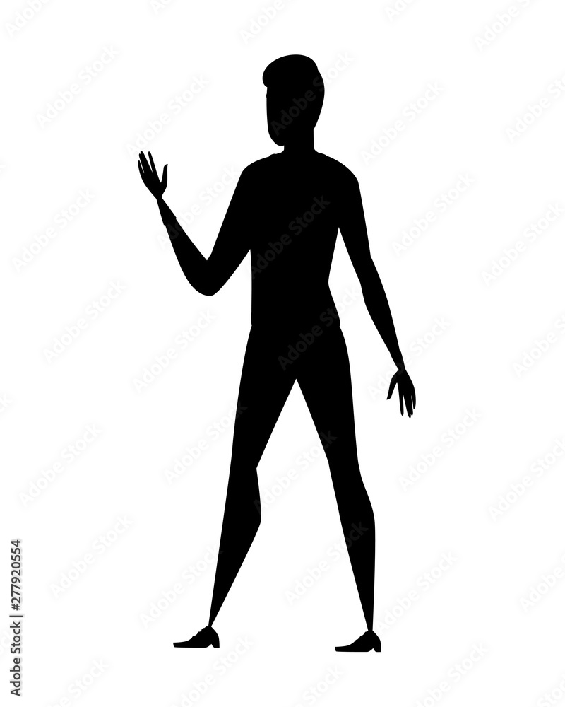 Black silhouette man in casual clothes with up raised arm welcome gesture cartoon character design flat vector illustration isolated on white background
