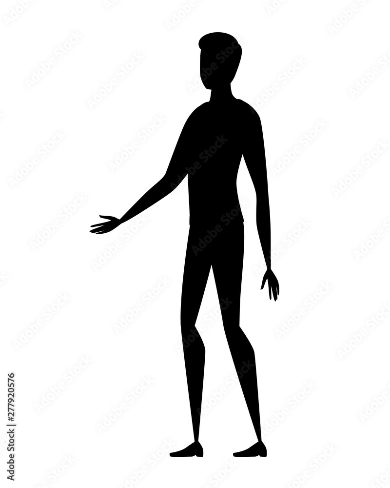 Black silhouette friendly man extends his hand in greeting cartoon character design flat vector illustration isolated on white background