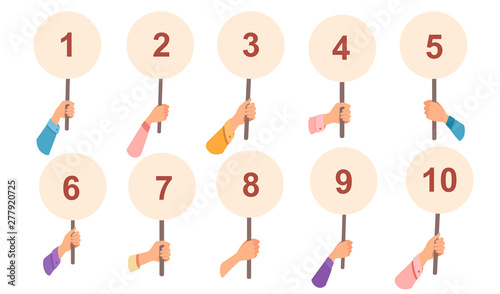 Set of icon hand holding judges score sign from 1 to 10 numbers flat vector illustration isolated on white background