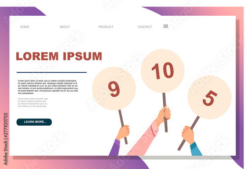 Hand holding judges score sign 9 10 and 5 numbers flat vector illustration on white background website page design