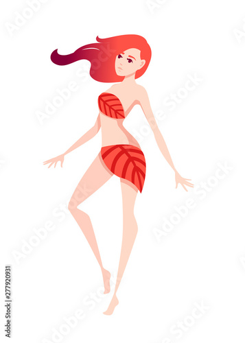 Beautiful fashion woman standing on one leg with red abstract hair and wearing red leaves cartoon character design flat vector illustration