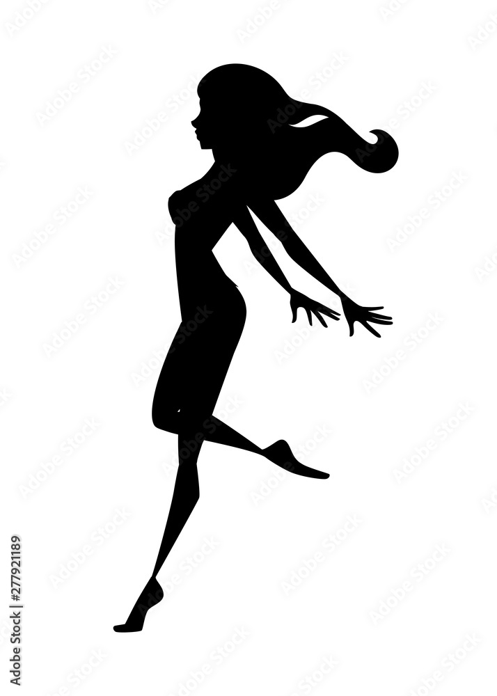 Black silhouette beautiful fashion woman walking and jumping cartoon character design flat vector illustration