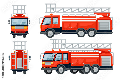 Cartoon design fire truck cars set flat vector illustration isolated on white background