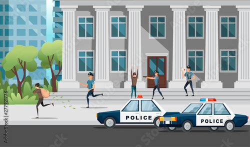 Bank robbery the police are trying to catch the robbers vector illustration on modern city landscape good sunny day with blue sky and clouds background