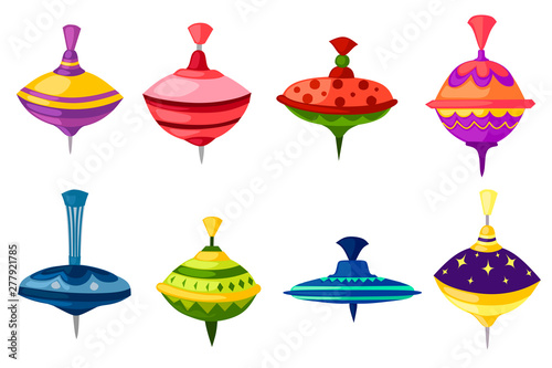 Set of kids toy whirligig spinner with different form and texture patterns flat vector illustration isolated on white background