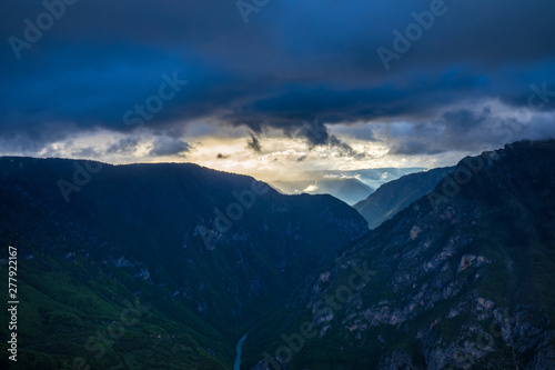 Montenegro, Stunning dramatic sunset sky over world famous tara river canyon from above at sunset in durmitor national park near zabljak