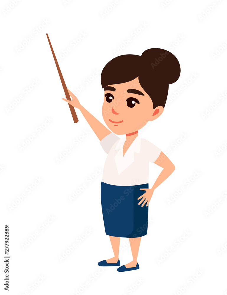 Girl kid wearing teacher costume and hold wooden pointer cartoon character design flat vector illustration isolated on white background Girl kid wearing teacher costume and hold wooden pointer cartoon character design flat vector illustration isolated on white background