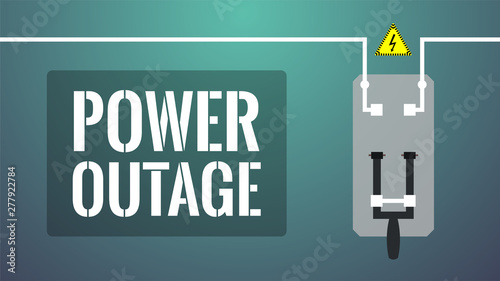 Power outage concept. Turned off knife switch (circuit breaker). No current available. Big white lettering: power outage. Dark background