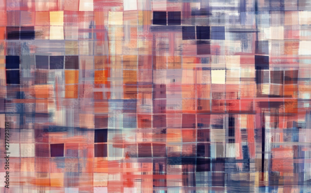 Fototapeta premium Colorful abstract artwork. Dirty art mosaic with bright orange and blue accents. Square mesh made with dark paint strokes