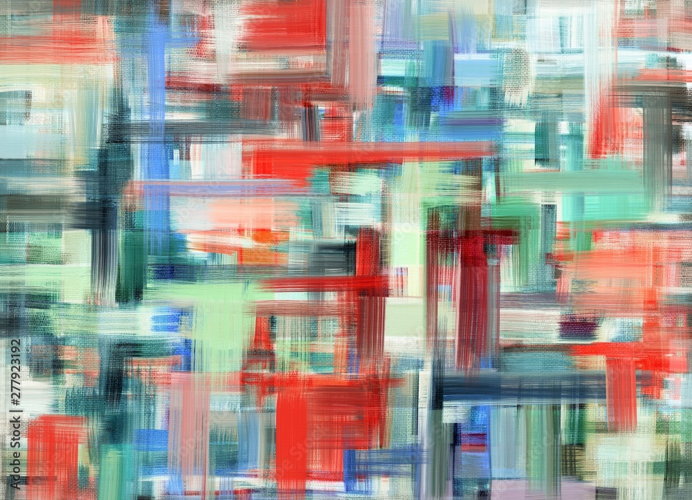 Colorful abstract long brush stroke painting. Bright artwork with green and red accents. Square mesh made with dark paint strokes