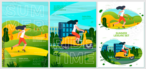Vector summer sport posters set - motorbike and rolling in park. City, forests, trees and hills on background. Print template with place for your text.