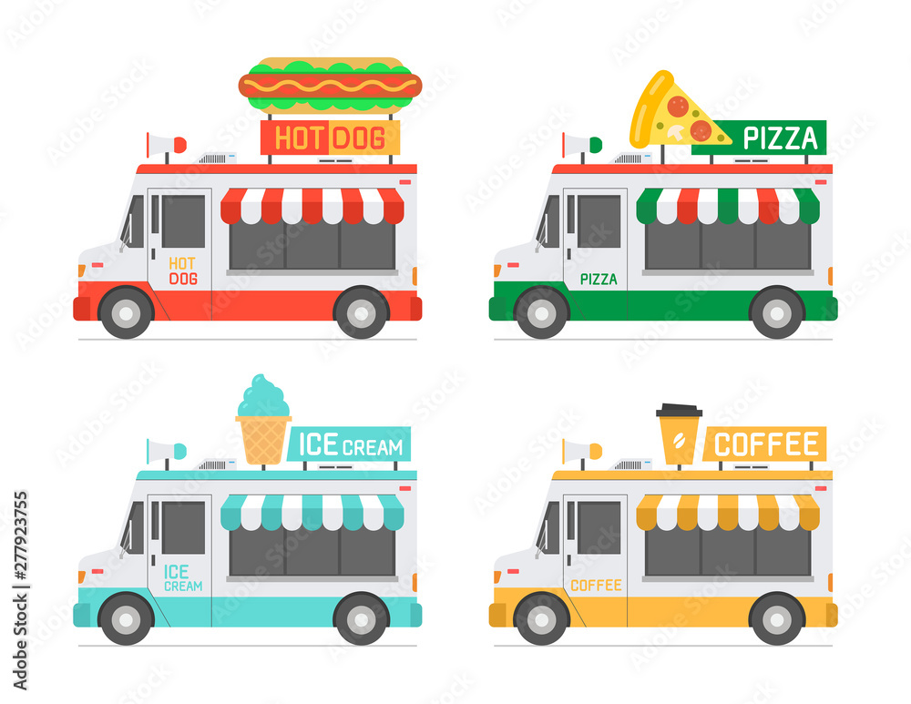 Set of Food Trucks. Hot Dog, Pizza, Ice-cream, Coffee. isolated on white background
