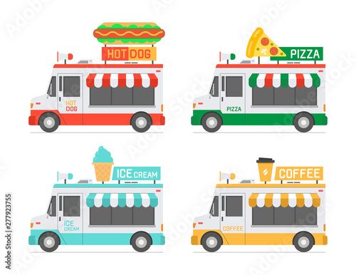 Set of Food Trucks. Hot Dog, Pizza, Ice-cream, Coffee. isolated on white background