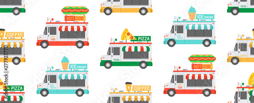 Seamless Pattern with street Food Trucks. isolated on white background