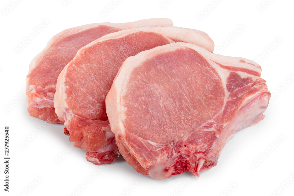 sliced raw pork meat isolated on white background. Top view. Flat lay