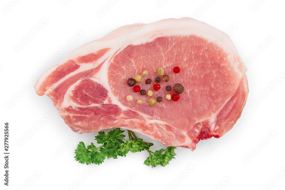 sliced raw pork meat with parsley isolated on white background. Top view. Flat lay sliced raw pork meat with parsley isolated on white background. Top view. Flat lay