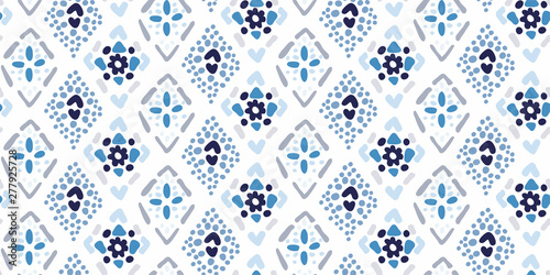 Seamless geometric folklore ornament with diamonds. Tribal ethnic vector texture. Talavera pattern in blue and white colors. Elegant vintage Wallpaper stylized ceramics. Folk print in Bohemian style. 