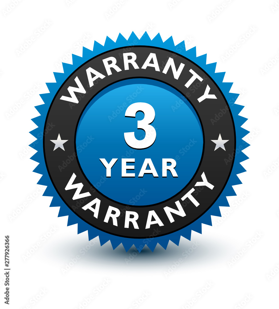 Blue simple yet reliable, medal, Label, Icon, Seal, Sign 3 year warranty badge Isolated on White Background. 