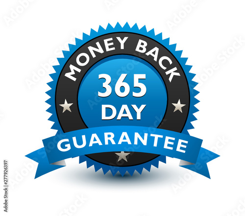 Blue simple yet reliable, medal, Label, Icon, Seal, Sign 365 day money back guarantee badge with ribbon Isolated on White Background. 