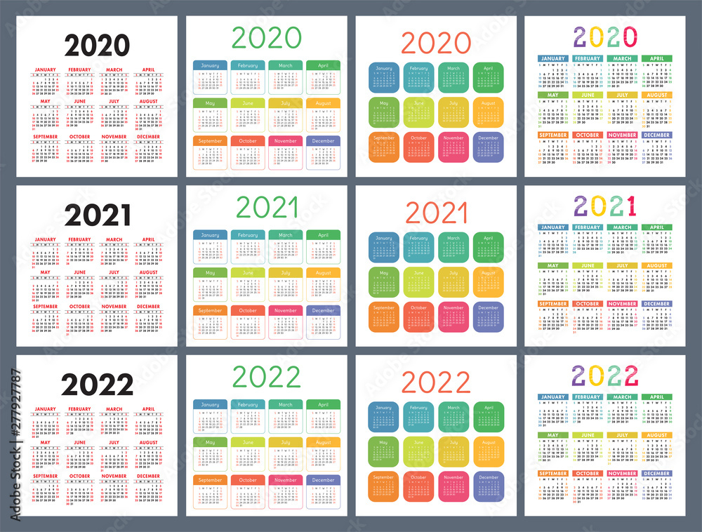 Calendar 2020, 2021, 2022 years. Pocket calender. Colorful set. Week starts on Sunday. Basic grid