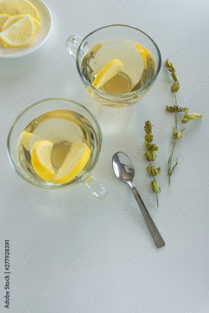 Top view of lemon tea glasses. Drinks flat lay. Seasonal refreshment break Top view of lemon tea glasses. Drinks flat lay. Seasonal refreshment break
