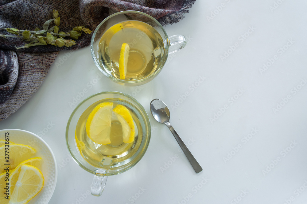 Top view of lemon tea glasses. Drinks flat lay. Seasonal refreshment break Top view of lemon tea glasses. Drinks flat lay. Seasonal refreshment break