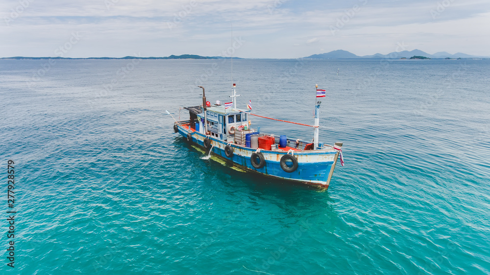 Top view from sky  group of wooden fishery boat.