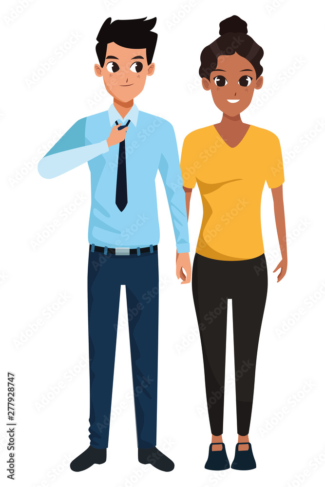 Young adult couple greeting cartoon Young adult couple greeting cartoon