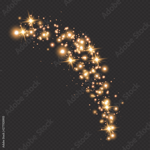 Light wave with gold glitter effect on a dark transparent background. Abstract swirl lines. Vector illustration