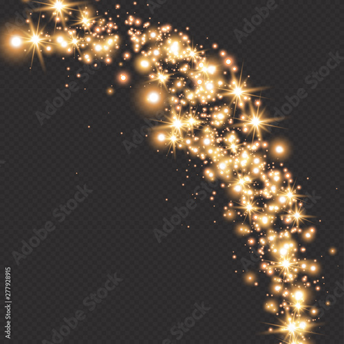 Light wave with gold glitter effect on a dark transparent background. Abstract swirl lines. Vector illustration