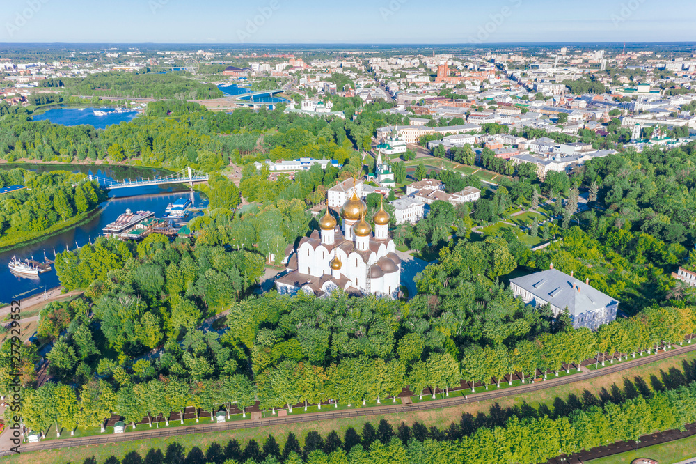 Scenic aerial view of old the Assumption Cathedral in ancient touristic town Yaroslavl in Russian Federation. Beautiful summer sunny look of big orthodox cathedral in historical center of russian city