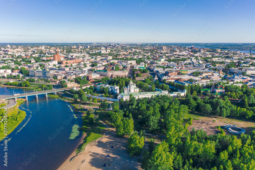 Scenic aerial view of old Spaso-Preobrachensky Monastery in ancient touristic historic town Yaroslavl in Russian Federation. Beautiful sunny summer look of ancient male orthodox monastery