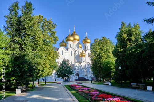 Scenic view of old the Assumption Cathedral in ancient touristic town Yaroslavl in Russian Federation. Beautiful summer sunny look of old big orthodox cathedral in historical center of russian city photo