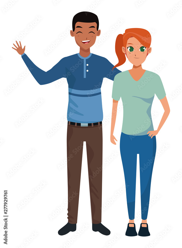 Young adult couple greeting cartoon