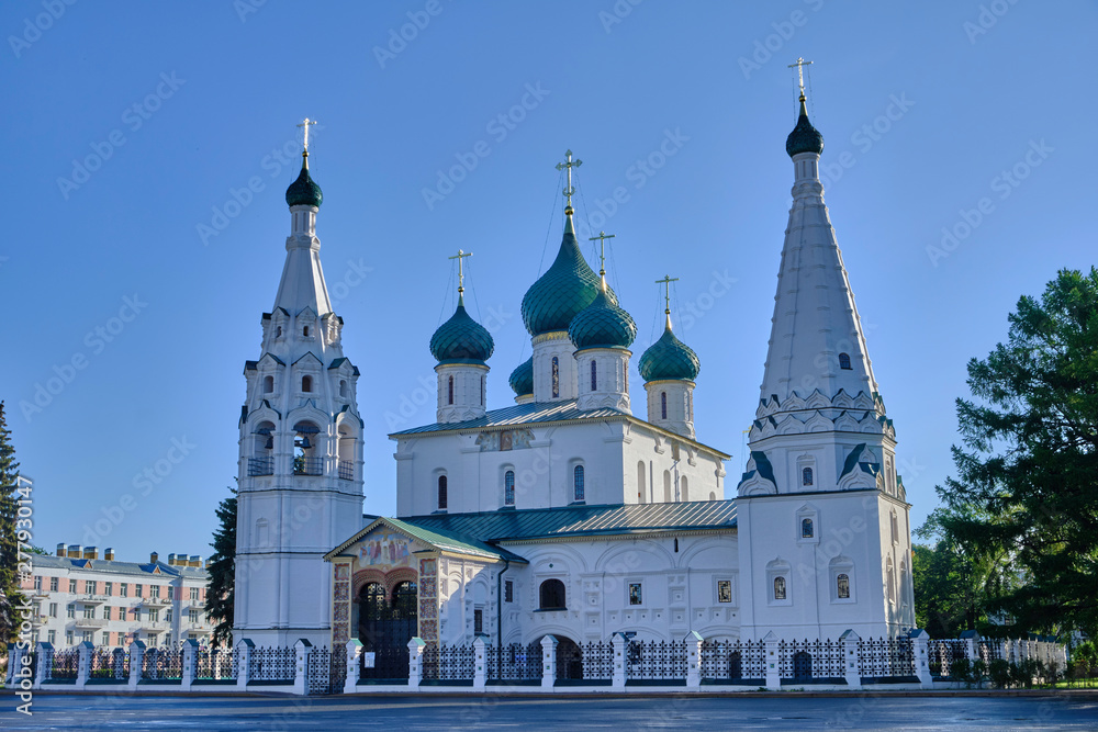 Scenic view of temple of Elijah the Prophet in ancient touristic town Yaroslavl in Russian Federation. Beautiful summer sunny look of old big orthodox cathedral in historical center of russian city