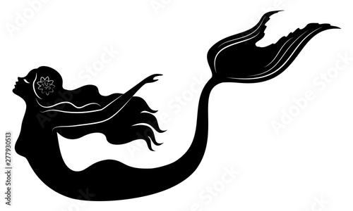 Silhouette of a mermaid. Beautiful girl is floating in the water. The lady is young and slender. Fantastic image of a fairy tale. Vector illustration