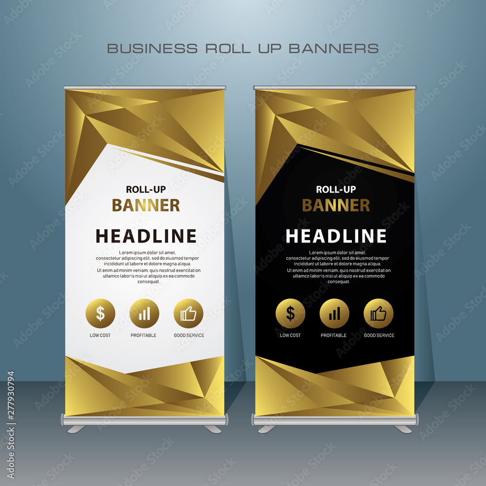 Gold Roll up banner, golden abstract standing banner template design ...