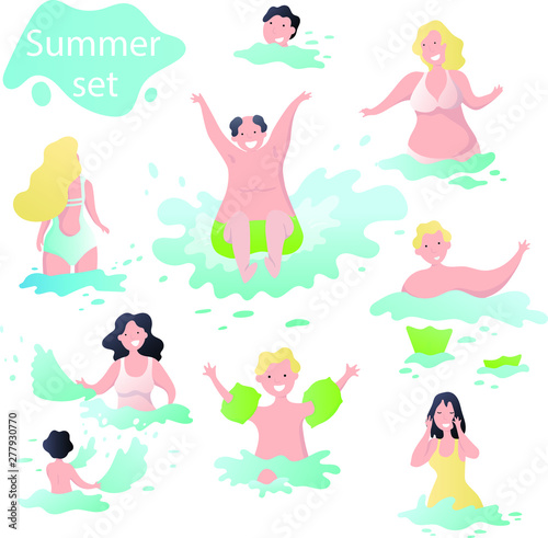  vector illustration. summer set. vacation at sea, family holidays. travels. swimming in the water. summer