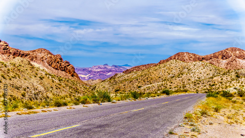 Colorful and Rugged Mountains along highway SR 165 in El Dorado Canyon on the border of Nevada and Arizona. The canyon is part of the Lake Mead National Recreation Area in the USA