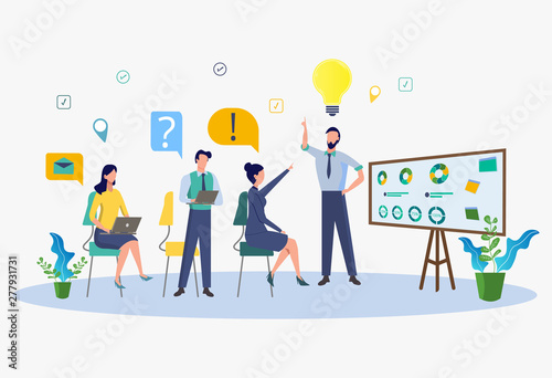 Business training, market design, selection for work, analysis of creative solutions, staff development. Colorful vector illustration.
