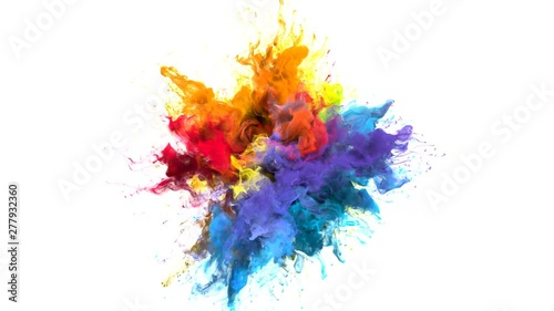 Color Burst iridescent multicolored colorful rainbow smoke powder explosion fluid ink particles slow motion alpha matte isolated on white