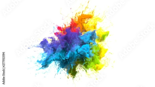 Color Burst iridescent multicolored colorful rainbow smoke powder explosion fluid ink particles slow motion alpha matte isolated on white