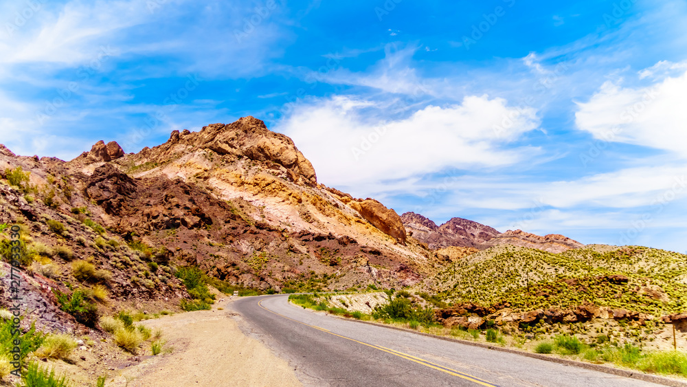 Colorful and Rugged Mountains along Highway SR 165 into the El Dorado Canyon on the border of Nevada and Arizona. The canyon is part of the Lake Mead National Recreation Area in the USA